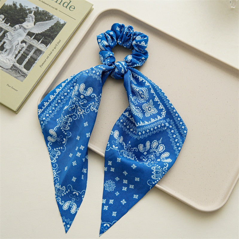 Fashion Print Chiffon Long Ribbon Scrunchies Women Girls Ponytail Scarf Elastic Hair Bands Ties Hair Accessories Wholesale 44