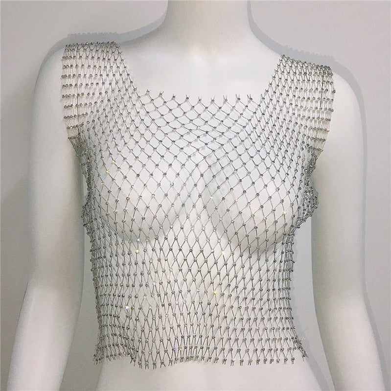 Fishnet Glitter Rhinestone Crop Top Sexy Hollow Out Mesh Sheer Women Beach Y2K Camis Crystal Diamond Club Rave Party Tank Tops silver One Size