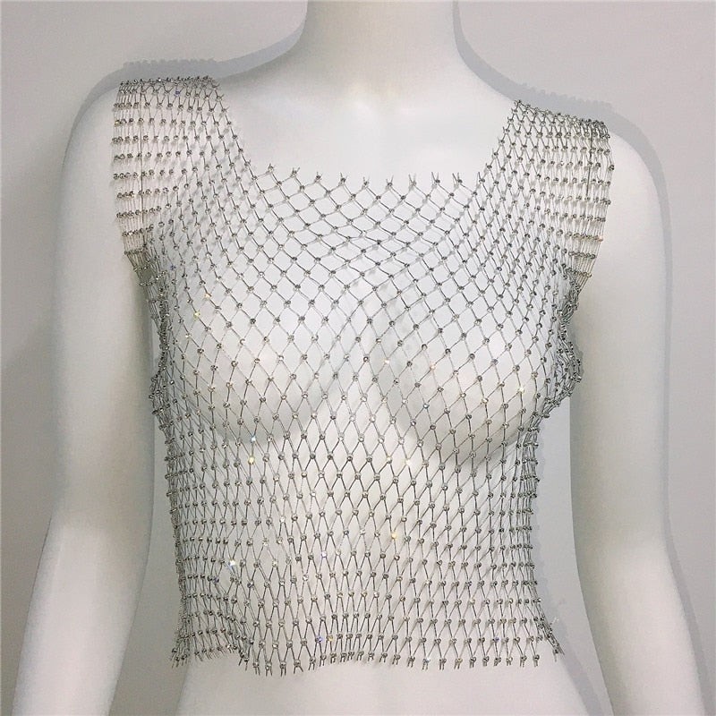 Fishnet Glitter Rhinestone Crop Top Sexy Hollow Out Mesh Sheer Women Beach Y2K Camis Crystal Diamond Club Rave Party Tank Tops silver One Size