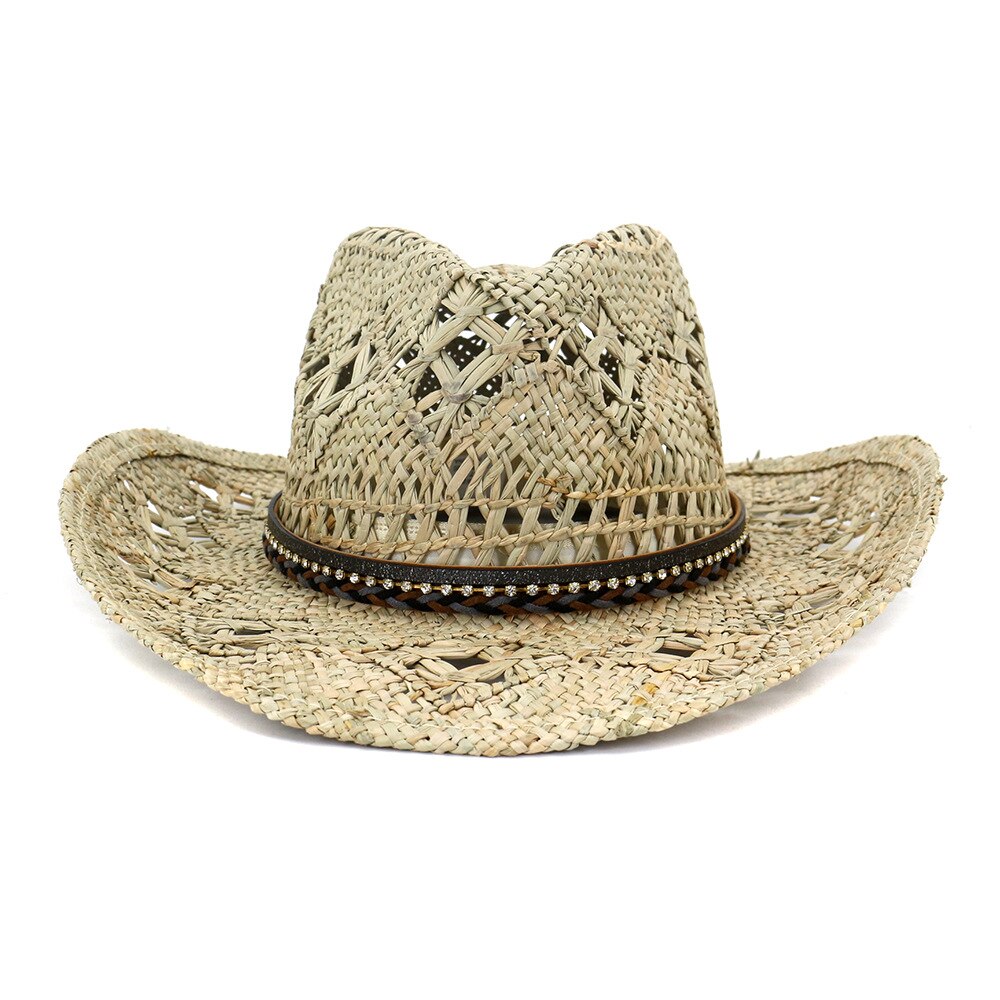 Cowboy hat fashion hollow handmade cowboy straw hat men&#39;s summer outdoor travel beach hat unisex solid color western cowboy hat 11 M55-58cm