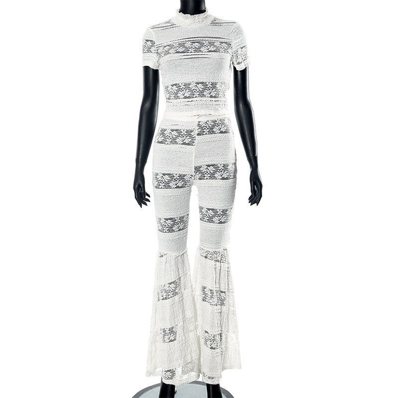 Fall Two Piece Sets Outfits Women Short Sleeve Lace Mesh Tops High Waist Pants Suits Autumn Party Club Matching Sets White White