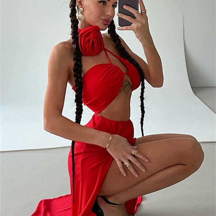 Nsauye Summer Casual Beach Holiday High Split Sexy Skirt Suit Women Halter Crop Tops Long Fashion Club Party Skirt Two Piece Set