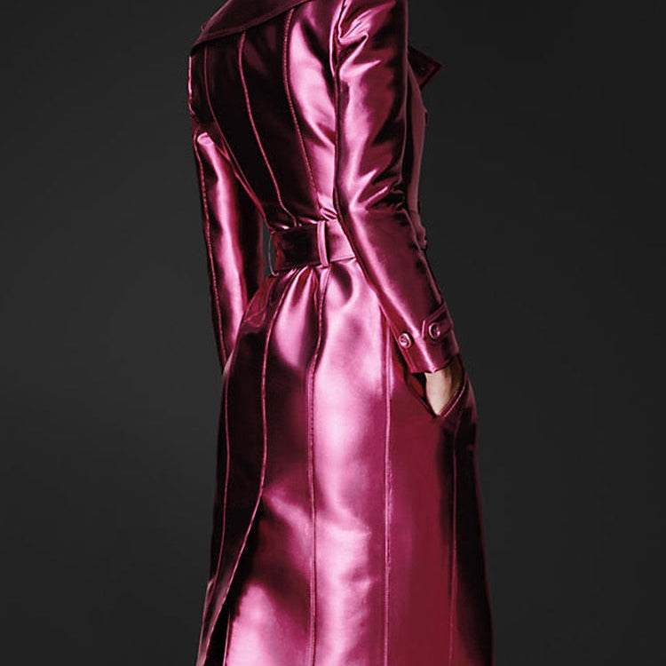Spring Autumn Long Shiny Reflective Patent Leather Trench Coat for Women Belt Double Breasted Cool European Fashion