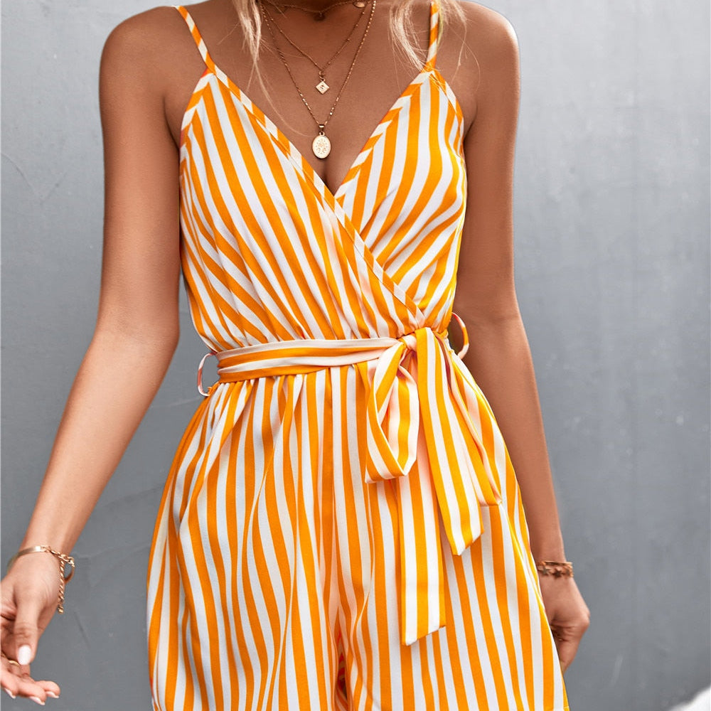 Sleeveless Summer Jumpsuit For Women Casual Stripe Woman Jumpsuit Loose V-Neck Summer Romper Shorts Beach Playsuit Female Outfit