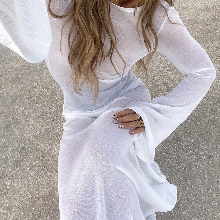 Maxi Long Sleeve Women Dress Backless Club See Through Mesh Summer Sexy Party Beach Dresses Bodycon Casual White