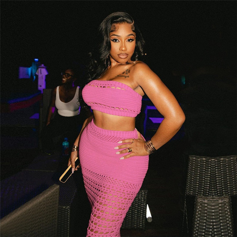 Europe station new 2023 Amazon summer European and American Women's knitted tube top slim sexy long skirt suit