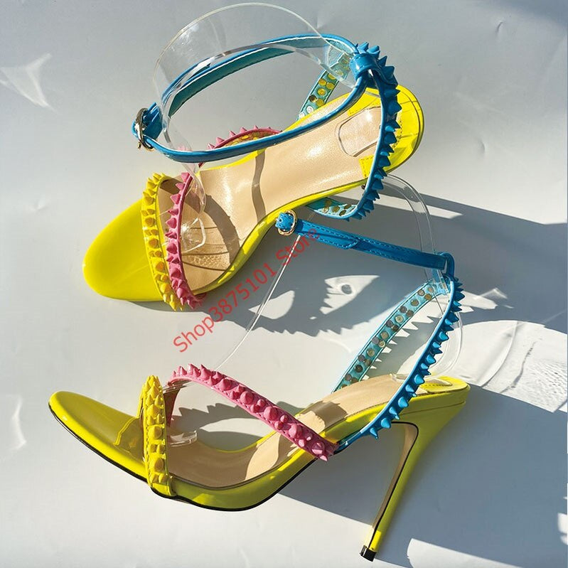 Rivets Cross Strap Summer Heels Sandals Women Thin Heels Sandals Color Studded Summer Classic Party Shoes