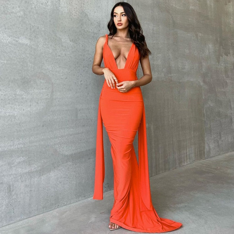 One Shoulder Backless Adjustable Scarf Loop Ruched Sexy Maxi Dress 2023 Women Elegant Y2K Vintage Dress Fashion Summer Robe Size Style3 orange