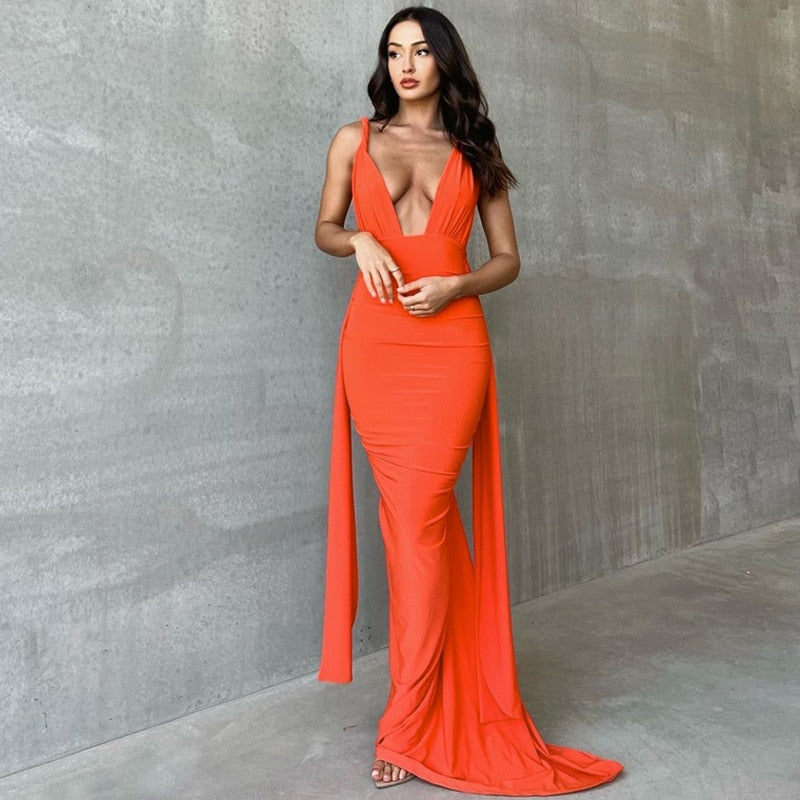 One Shoulder Backless Adjustable Scarf Loop Ruched Sexy Maxi Dress 2023 Women Elegant Y2K Vintage Dress Fashion Summer Robe Size Style3 orange