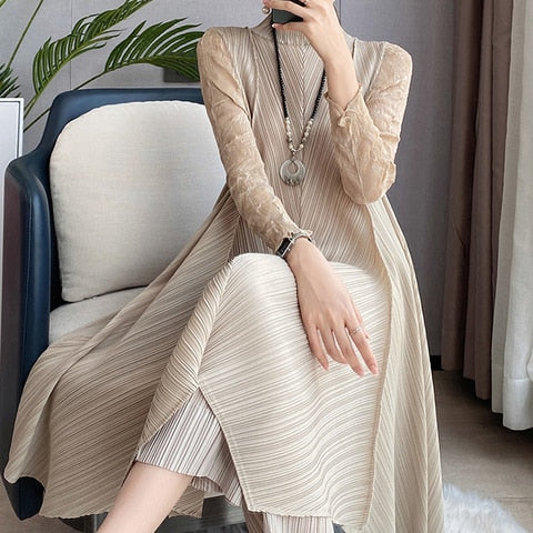 Sets Women Pleated Two Piece Set Fall Winter New Loose Casual Suit Lace Fashion Long Dress Top Pencil Pant Clothes Khaki One Size