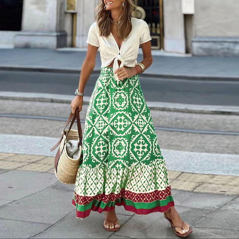 Women's Fashion Skirt 2023 Summer New Commute Geometric Pattern Printing Ruffle Sleeve Loose Stitching Large Swing Women’s Skirt Grass Green