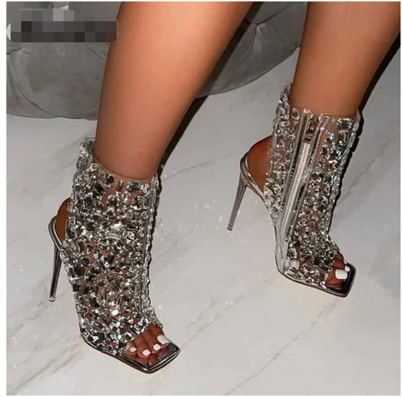 Brand Design New Crystal/rivet Zipper Sandals Stage Banquet Nightclub High Heels Women Shoes Apricot Silver Dress Matching XY6053silvery