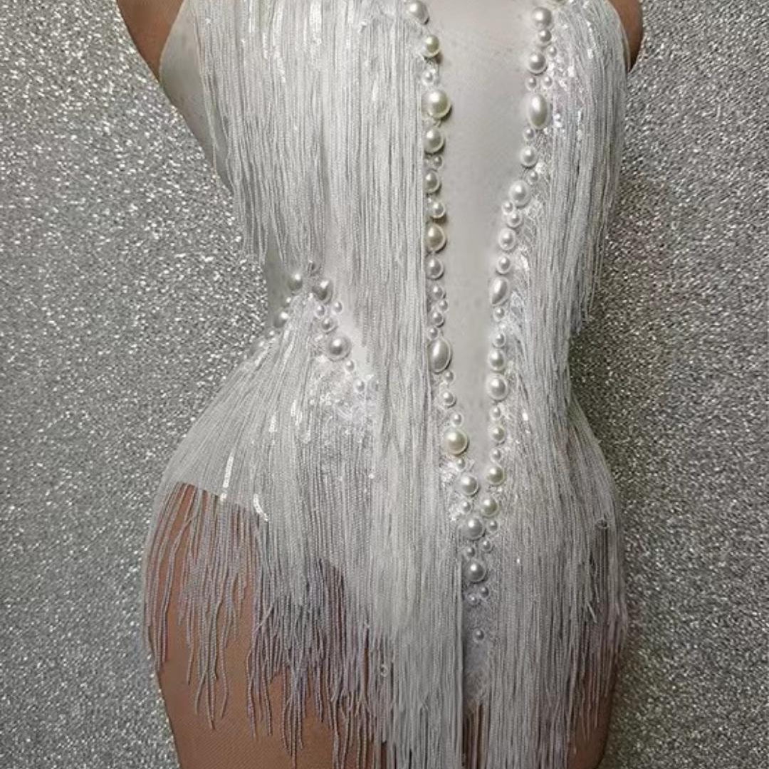 Women Nightclub Outfit Dance Costume One-piece Stage Wear Sexy Performance Clothing Sparkly Black Stones Sequins Fringes Leotard