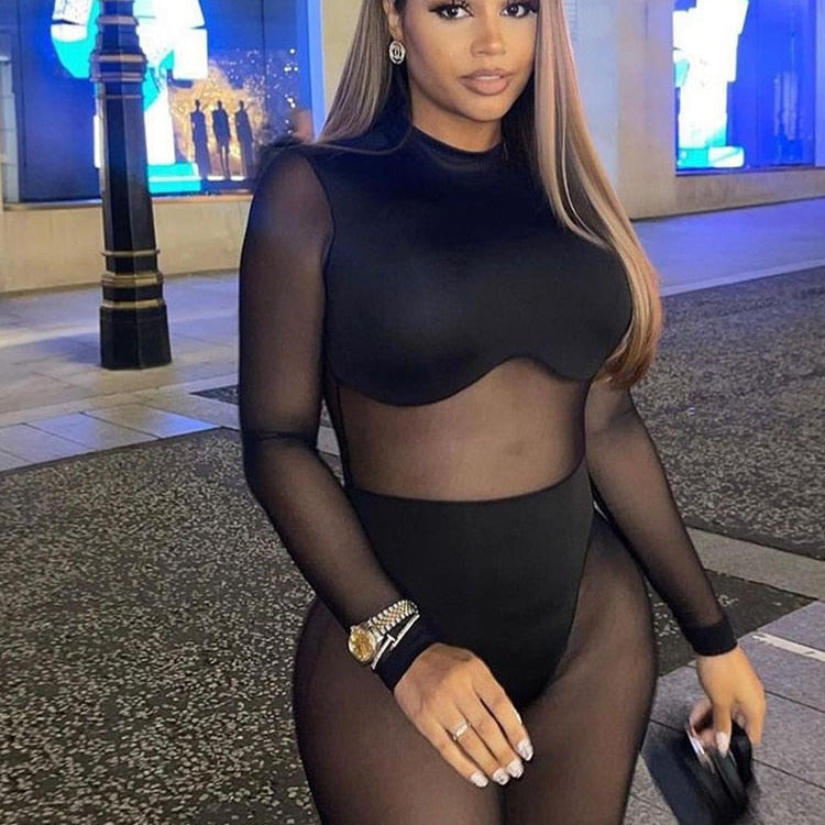 Sexy Jumpsuit Women Transparent Black Jumpsuits Elastic Mesh Bodysuits Summer See Through One Piece Night Club Outfit