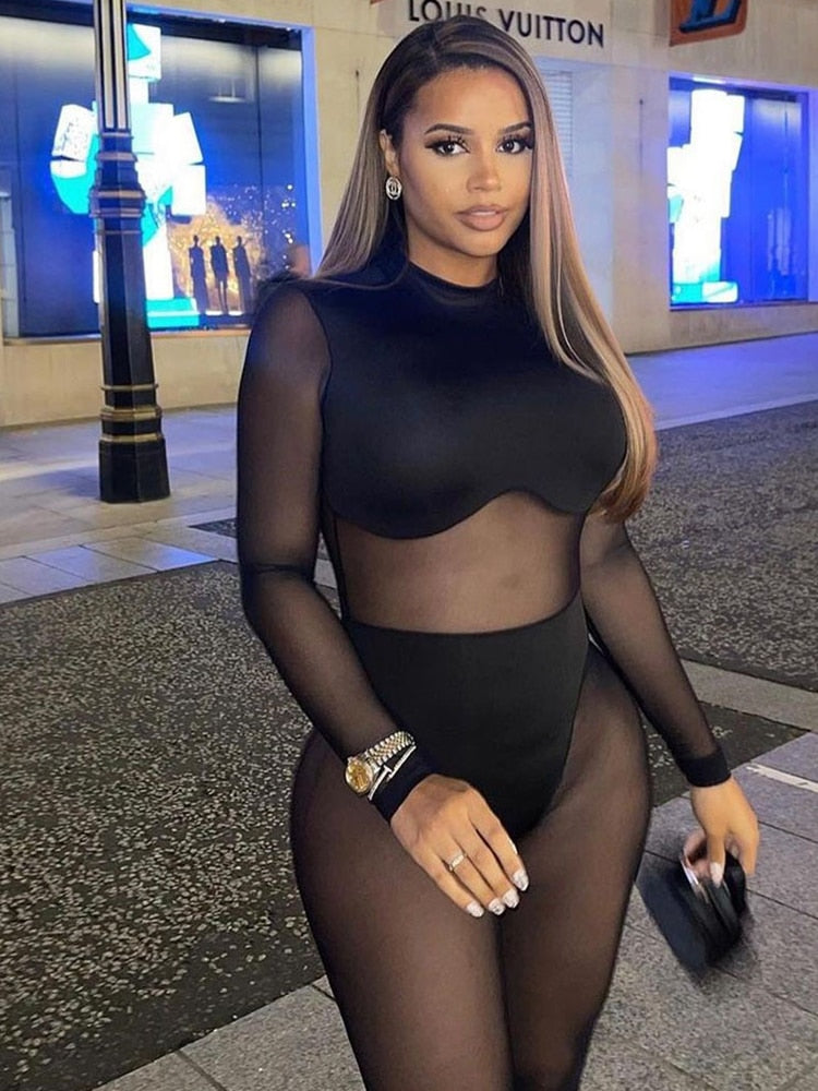 Sexy Jumpsuit Women Transparent Black Jumpsuits Elastic Mesh Bodysuits Summer See Through One Piece Night Club Outfit