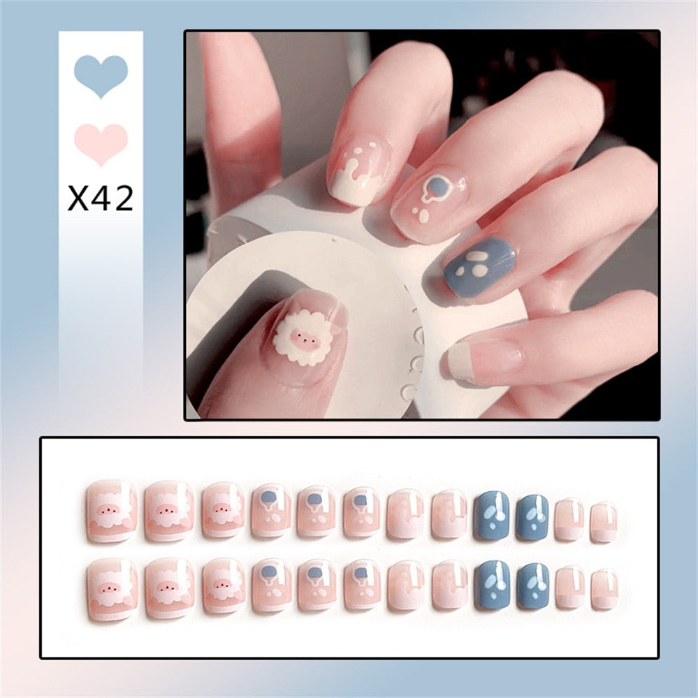 24Ps Childlike Fake Nails With Glue Cute Kawaii Personality Stick On Nails False Girls Short Press On Nail Art DIY Manicure Tool Nails With Glue X42