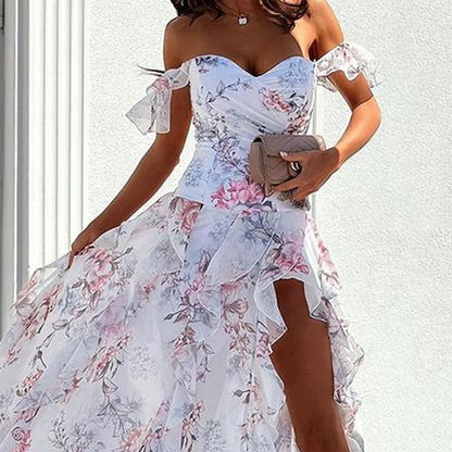 Wefads Women Maxi Dress Summer Elegant Floral Printed Off Shoulder V Neck Slit Ruffled Irregular Nipped Waist Dresses Streetwear