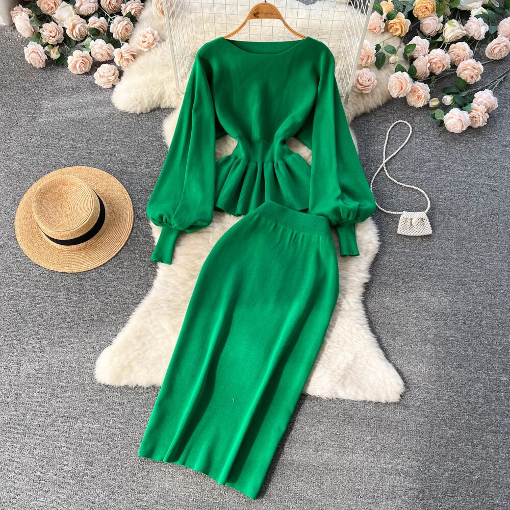 Autumn Women Set Knitting Costume Turtleneck Solid Color Pullover Sweater Slim Skirt Two Piece Suits Chic Casual Outfits Green One Size