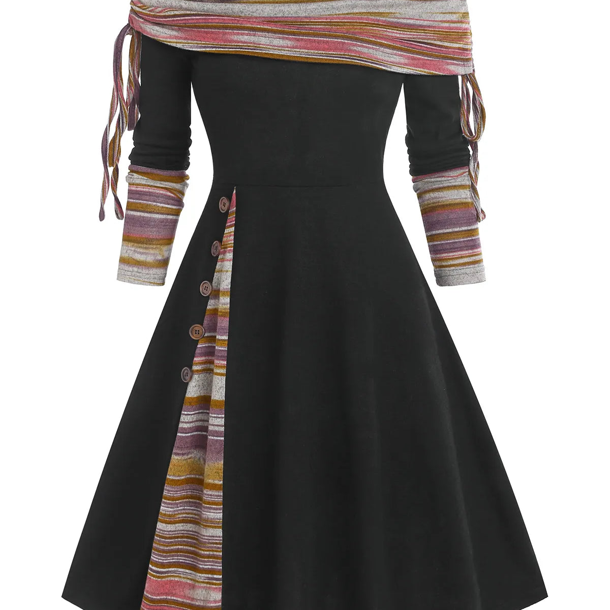 Convertible Cinched Striped Flare Dress Foldover Off The Shoulder Knitted Dresses Women Long Sleeve Jurken