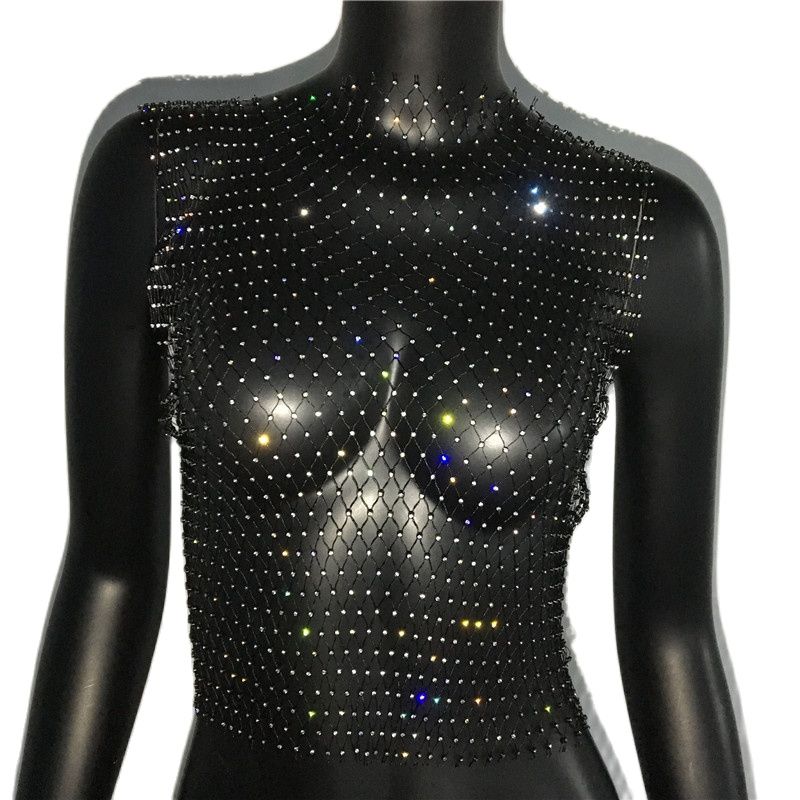 Women's Fishnet Rhinestone Crop Top 2023 Summer Sexy Mesh High Elastic Black White Shirt Net See Through Rave Diamond Tank Top Black O neck
