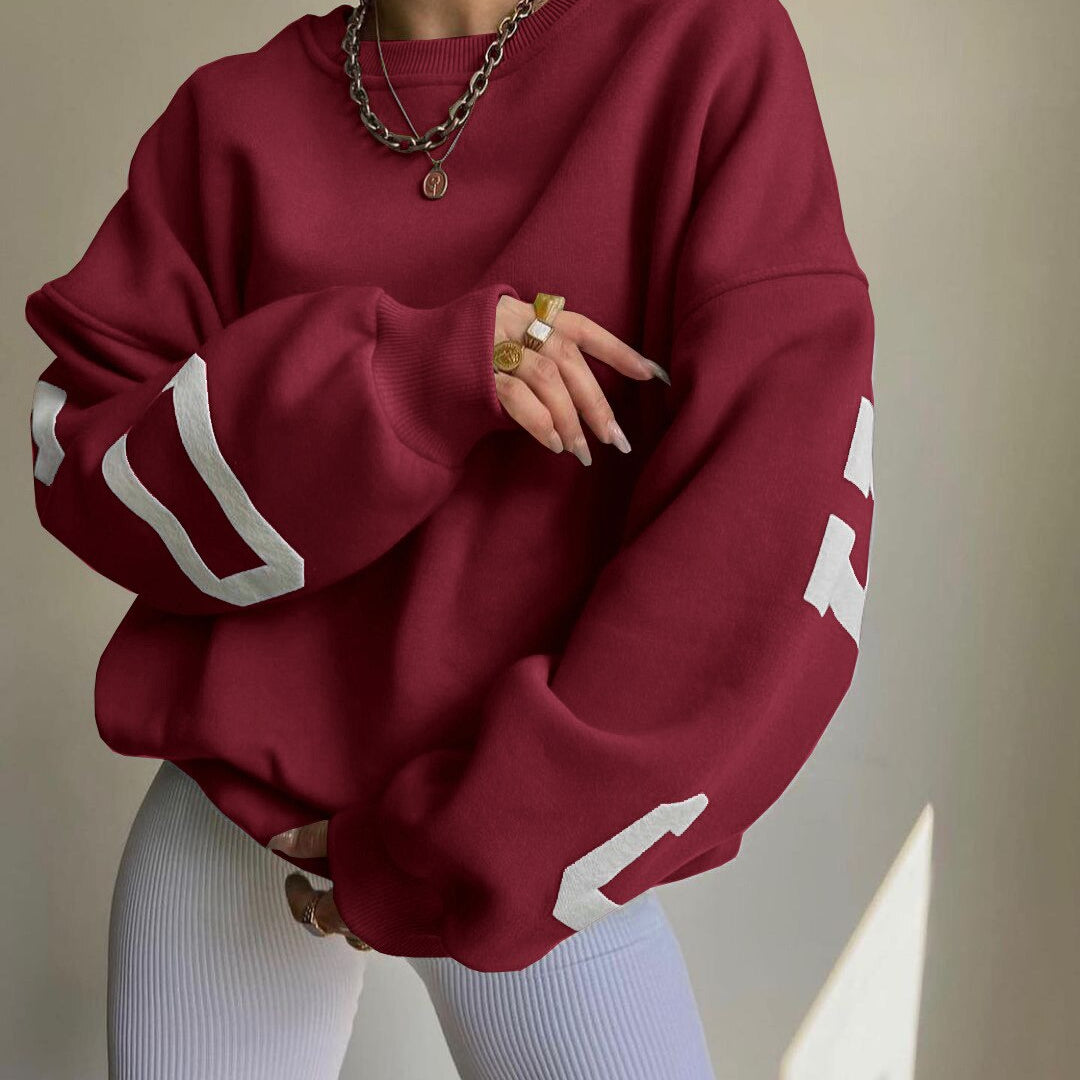 Women Casual Sweatshirts Fashion Letters Print O Neck Long Sleeve Pullovers Tops Vintage Loose Autumn Y2k Hoodies Streetwear Wine