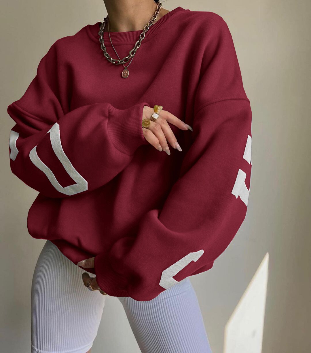Women Casual Sweatshirts Fashion Letters Print O Neck Long Sleeve Pullovers Tops Vintage Loose Autumn Y2k Hoodies Streetwear Wine