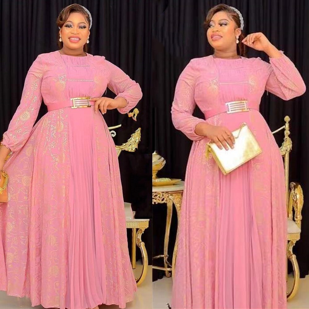 African Maxi Dresses For Women 2023 Plus Size Evening Party Long Dress Africa Clothing Elegant Kaftan Muslim Chiffon Dress Pink