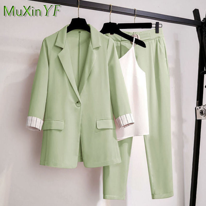Women's Professional Wear Spring Fall New Suit Jacket Vest Pants Three-piece Korean Fashion Blazers Trousers Suspender Set