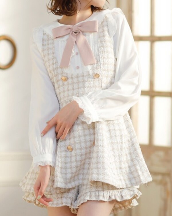 Japanese Style Cute Sweet Shorts Suit 2023 Spring and Autumn Lace Up Bow Neck Plaid Coat Suit Girl and Short Pants 2 Piece Sets