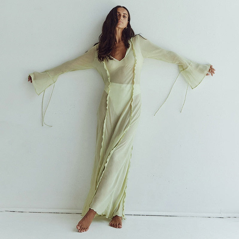 Elegant Black Sheer Beach Dress Women Sexy Flare Sleeve Mesh Tassel Bodycon Summer Dress 2023 Night Party Long Dress Cover-Ups Green