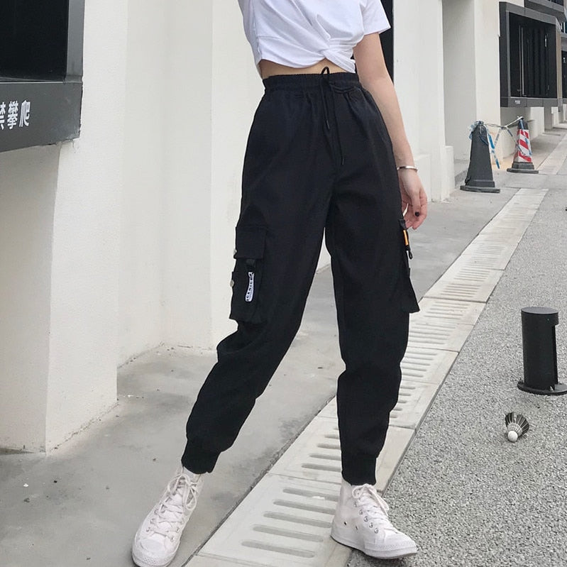 Hot Big Pockets Cargo Pants Women High Waist Loose Streetwear Pants Baggy Tactical Trouser Hip Hop Joggers Pants