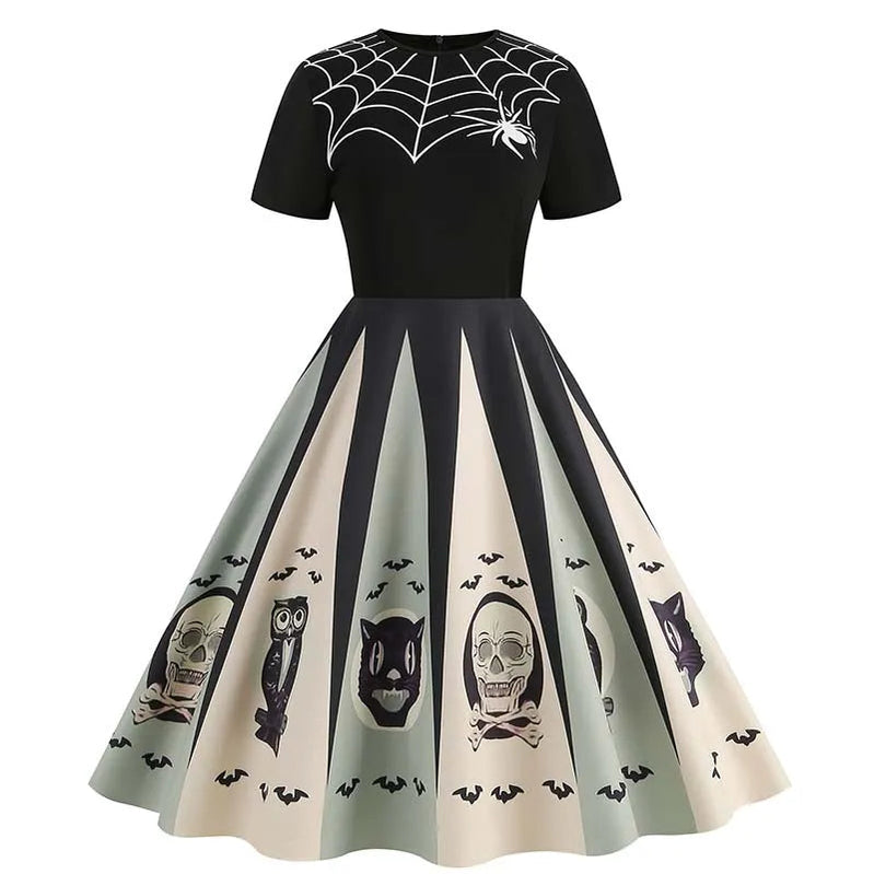 Women Halloween Costumes Dresses Short Sleeve Print Autumn Winter Vintage Party Dress Vestidos 001