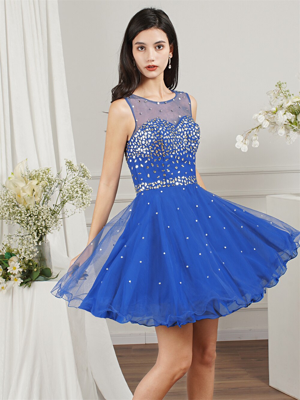 Royal Blue Short Homecoming Dress For Juniors Cocktail Party Beading Tulle O Neck Backless A Line Mini Prom Dresses Women
