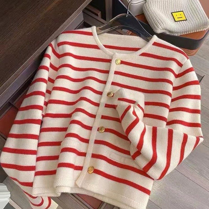 Korean Fashion Sweater Cardigan White Black Striped Knitted Sweater Women Winter Short Cardigan Long Sleeve Cardigan Female