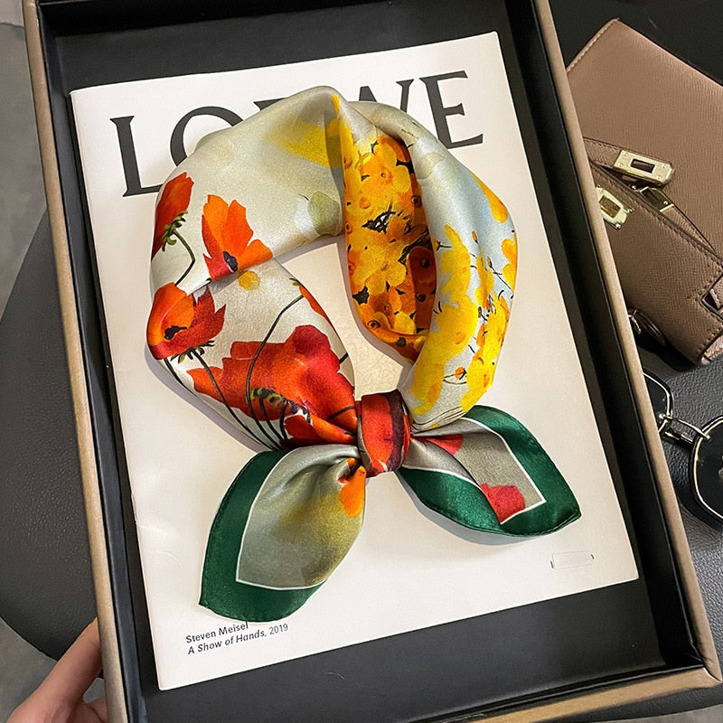 53cm Real Silk Nature Scarf Women Neckerchief Foulard Bandana Small Hairbands Fashion Floral Neck Ties for Office Lady New ZS-17 53x53cm