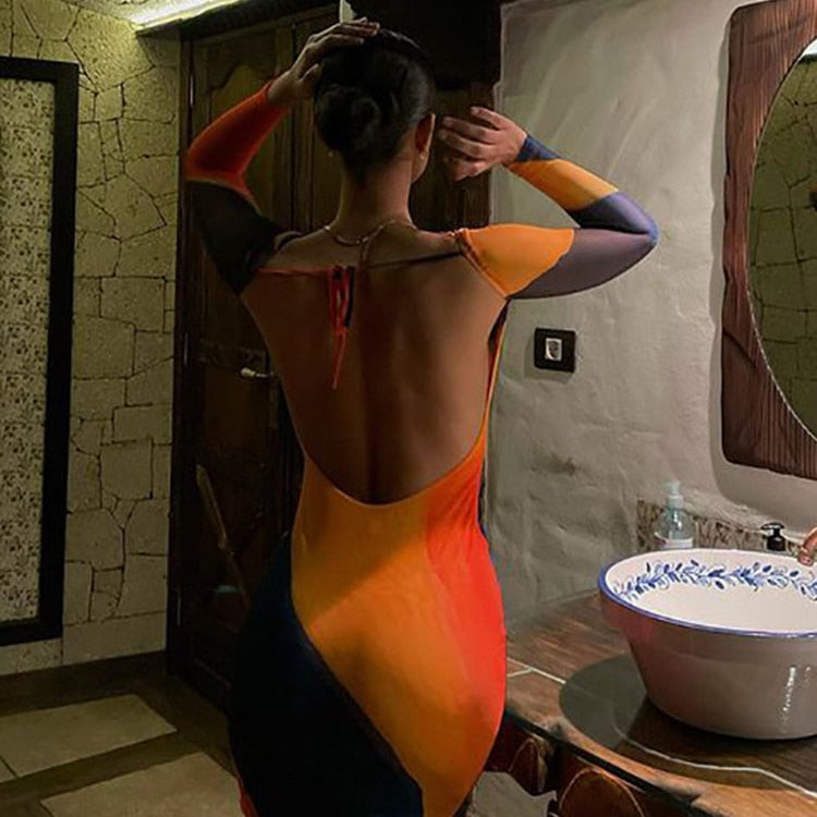 Sexy Backless Maxi Dress Fashion Print Long Sleeve Bodycon Party Dress Beach Outfits New Summer Evening Club Dress