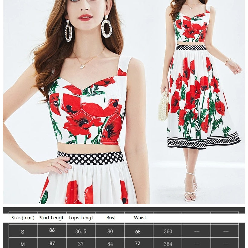 Summer Floral Dress Sets Women 2 Piece Outfit Sexy Slim Tops and Skirt Party Set Suspender Strap Suit Ballgown Frocks 3