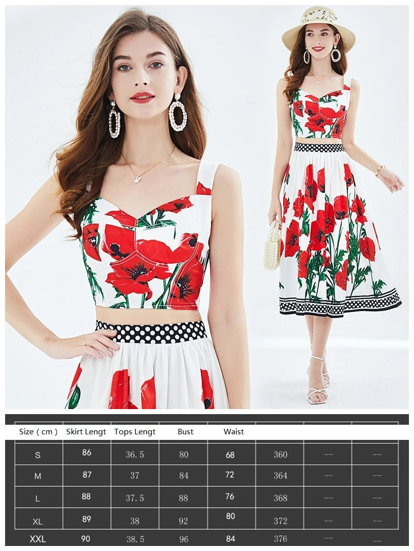 Summer Floral Dress Sets Women 2 Piece Outfit Sexy Slim Tops and Skirt Party Set Suspender Strap Suit Ballgown Frocks 3