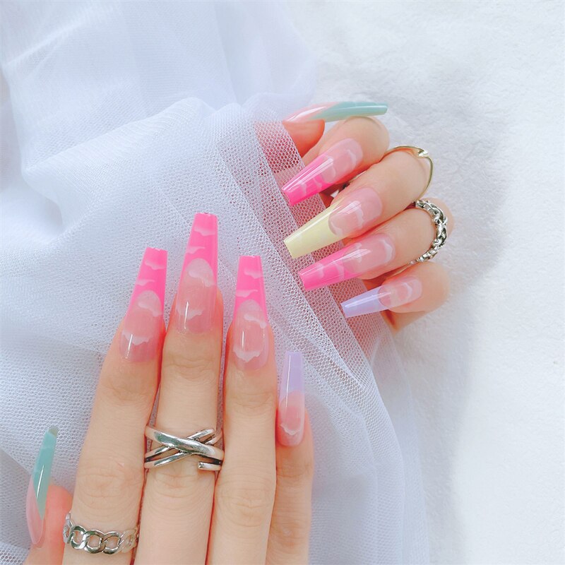 24Pcs/Box White French Fake Nails Press on Long XL Length Rhinestone Design False Nails Full Cover Acrylic Nail Tips
