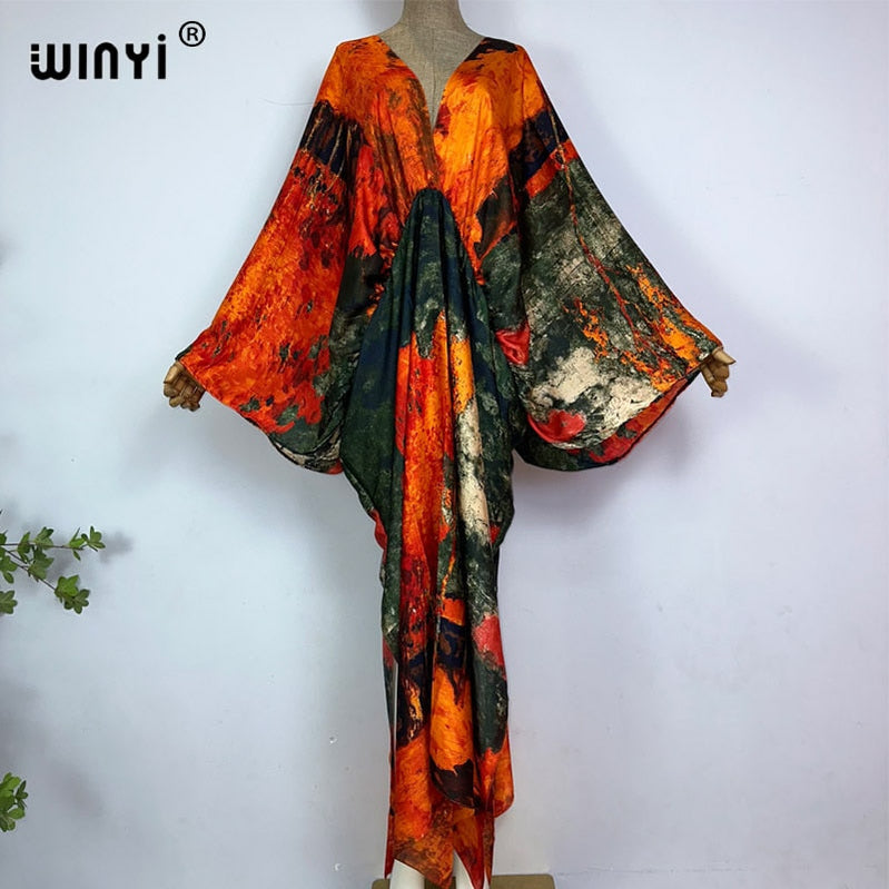 Sexy bech hand-rolled feel silk rayon fashion print Maxi Women's robes long beach V-neck Bohemian dress 10 One Size