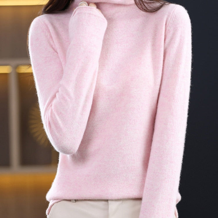Pure Wool Women Sweater Autumn Winter Fashion Pile Collar Pullover Cashmere Sweater Casual Long-sleeved Knitted Tops Pink