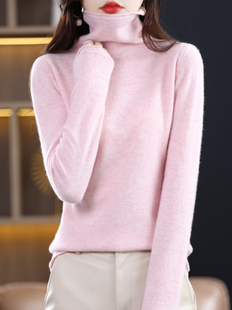 Pure Wool Women Sweater Autumn Winter Fashion Pile Collar Pullover Cashmere Sweater Casual Long-sleeved Knitted Tops Pink