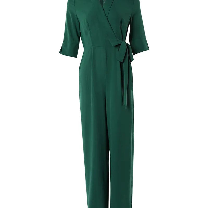 Half Sleeve Wide Leg Work Jumpsuit Summer Women's Bodysuit New Fashion Elegant Office High Waist V-Neck Lace Up Style