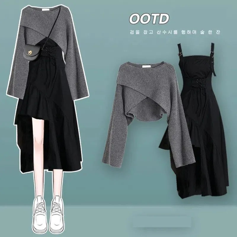 Women's Fashion Dress Matching Set Autumn Winter New Chic Knitted Sweater Sling Skirt Two Piece Korean Elegant Clothes Suit Set 01