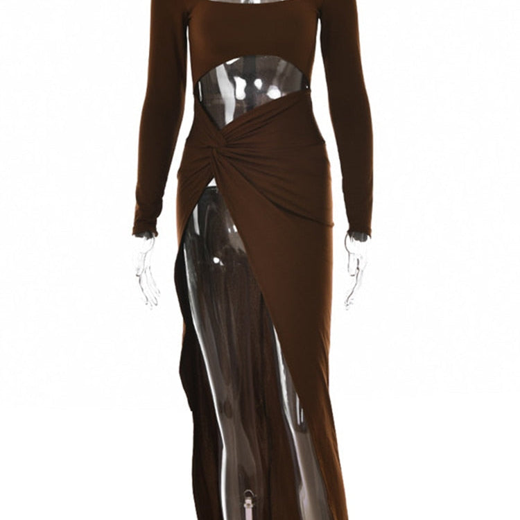 Sexy Hollow Out High Split Maxi Dress For Women Robe Autumn Full Sleeve Ruched Club Party Long Dress Vestido Brown