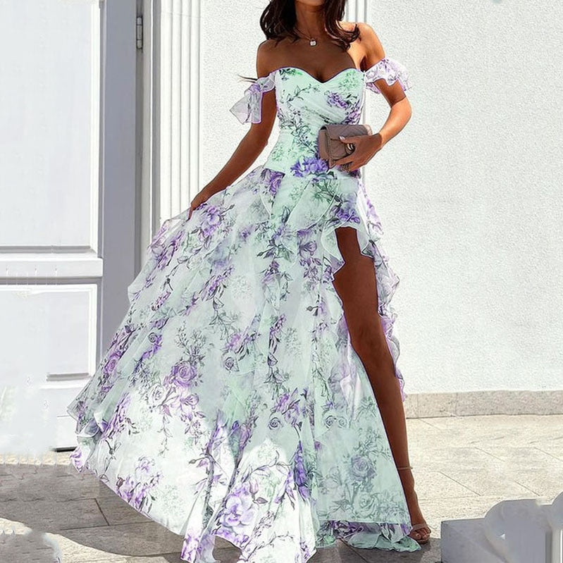 Women Maxi Dress Summer Elegant Floral Printed Off Shoulder V Neck Slit Ruffled Irregular Nipped Waist Dresses Streetwear 2