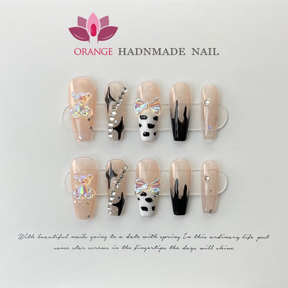 Handmade French Fake Nail Press On With Glue Designed Coffin Full Cover Manicuree Wearable Nail Art For Girls XS S M L Size Nail Spain