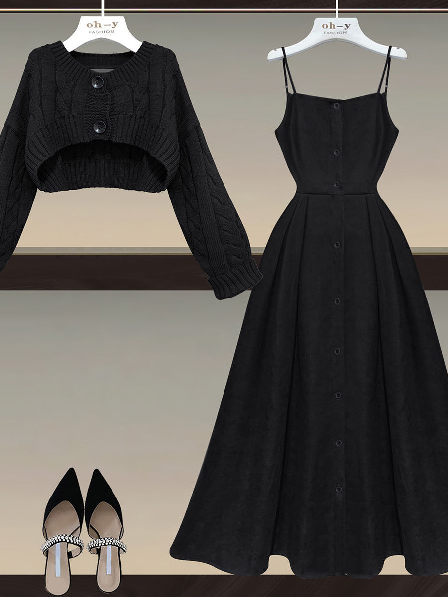 Fall Winter Two Piece Sets Women Outfits Korean Casual Long Sleeve Twist Knitted Short Sweater And Straped High Waist Dress Sets set 1