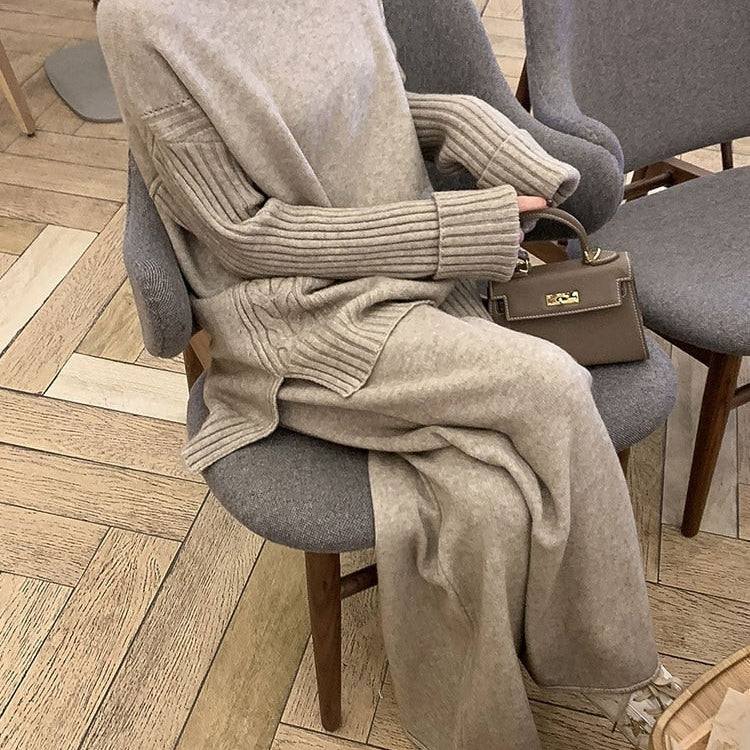 Sweater Set Women Tracksuit Spring Autumn Knitted Suits 2 Piece Set Warm Turtleneck Sweater Pullovers Wide Legs Pants