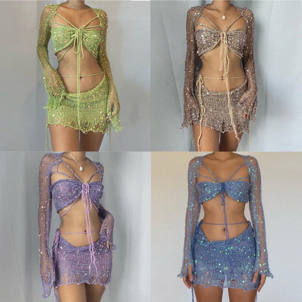 Crochet Knitted Dress Two Piece Skirt Sets Summer Women Clothes Sexy Crop Tops Elegant Knit Sequin Dress 2 Piece Set Outfit